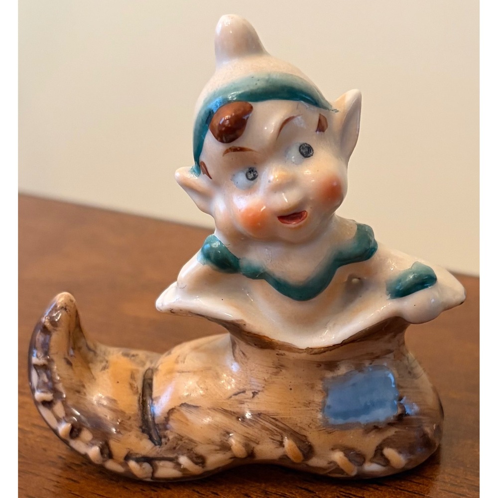 Vintage Pixie Elf in Shoe Figurine Ceramic Hand Painted Japan Mid Century Kitsch